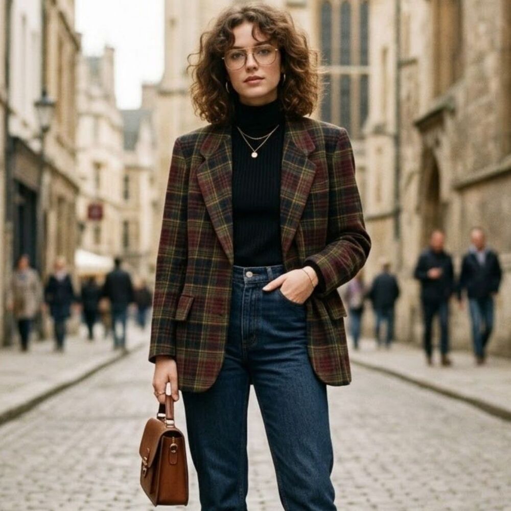 Ann Freedberg Plaid Blazer Women Sz 10 90s Burgundy Black Heritage Wool Blend